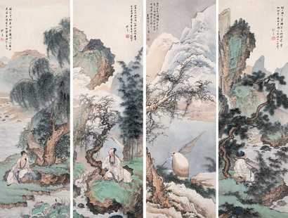 季观之 山水人物 四屏